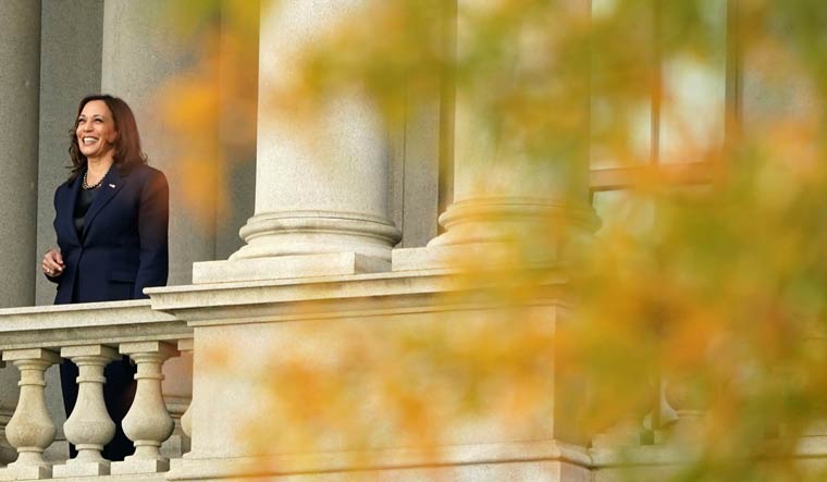 U.S. Vice President Kamala Harris on a balcony of the Eisenhower Executive Office Building in Washington, U.S. , November 18, 2021 | REUTERS