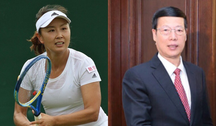 A collage showing Peng Shuai (Wikimedia Commons) and Zhang Gaoli (China's Ministry of Foreign Affairs)