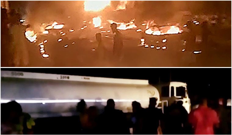 Collage: (Below) People can be seen crowding around the oil tanker as they attempted to collect the leaking fuel, (Above) flames after the tanker exploded | AP