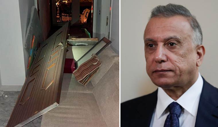 Collage: Iraqi Prime Minister Mustafa al-Kadhimi, debris at his home following a drone attack on Sunday | AP
