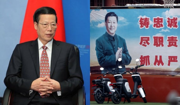 A collage showing Zhang Gaoli in 2013 (Wikimedia Commons) and a poster of Chinese President Xi Jinping (AP)