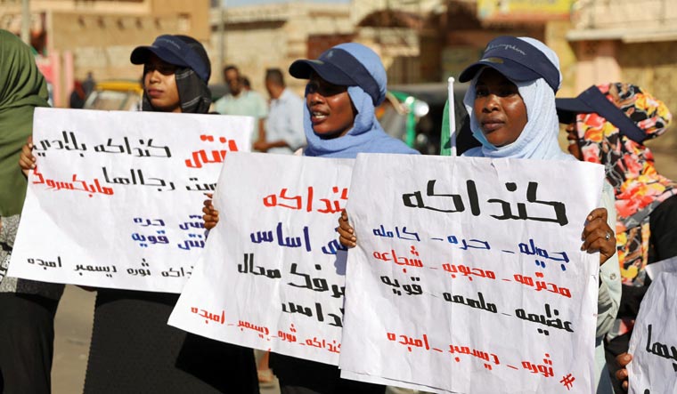 Women protest denouncing the violence that took place against them at an earlier protest against the military, in Omdurman, Sudan | Reuters