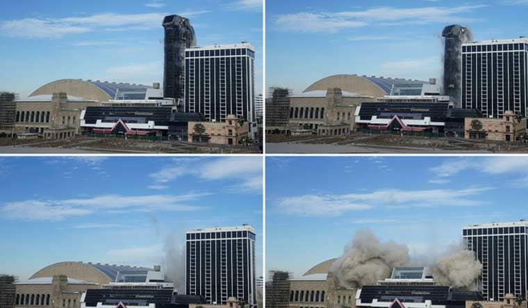 A combination picture shows the Trump Plaza Casino as it collapses after a controlled demolition in Atlantic City, New Jersey, U.S., February 17, 2021 | REUTERS/Carlo Allegri
