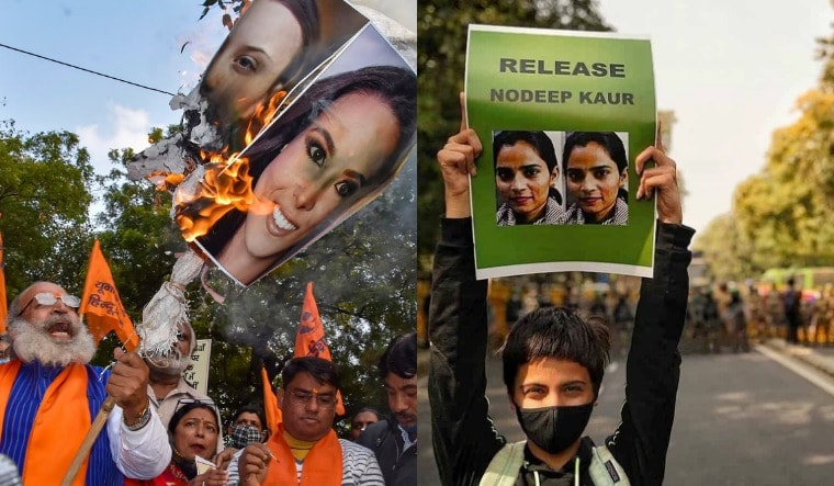 The images posted by Meena Harris showing protesters burning posters of her and Greta Thunberg and an activist seeking release of Nodeep Kaur | Twitter handle of Meena Harris