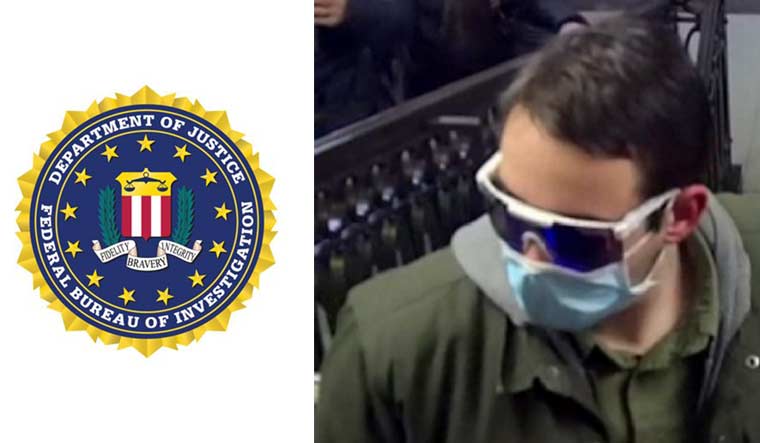 Collage: The FBI logo, the suspect the federal agency is requesting information on  | Twitter handle of the FBI