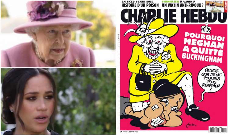 Collage of Queen Elizabeth II, Meghan Markle, and the cartoon published by Charlie Hebdo 