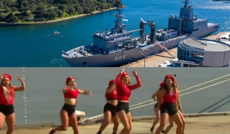 A collage showing the HMAS Supply on top (Royal Australian Navy) and the dancers (screenshot via Twitter)