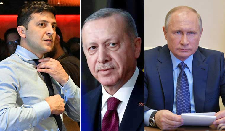 Collage: Ukrainian President Vladimir Zelensky, Turkish President Recep Erdogan and Russian President Vladimir Putin | AFP, Reuters