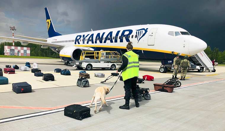 In this photo provided by ONLINER.BY, security use a sniffer dog to check the luggage of passengers on the Ryanair plane with registration number SP-RSM, carrying opposition figure Raman Pratasevich which was traveling from Athens to Vilnius and was diverted to Minsk after a bomb threat, in Minsk International airport, Sunday, May 23, 2021 | (ONLINER.BY via AP)