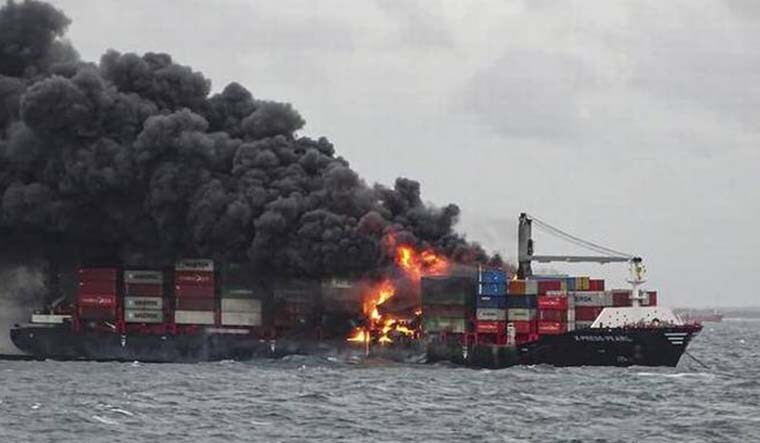(File) Smoke rises from the container vessel MV X-Press Pearl engulfed in flames off Colombo port, in Sri Lanka | PTI