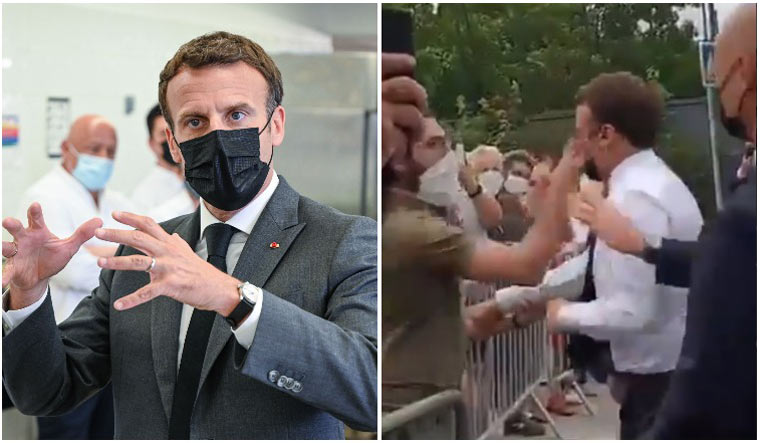 French President Emmanuel Macron is slapped by a man during his visit to a town, Tain-l'Hermitage