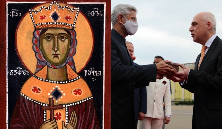 A collage showing a drawing of queen Ketevan (Orthodox Church of America) and S. Jaishankar handing over the relics (official Twitter handle)