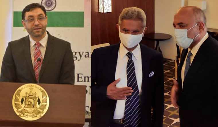 Collage: Afghan ambassador to India Farid Mamundzay, Indian External Affairs Minister S. Jaishankar, Afghan Foreign Minister Mohammed Haneef Atmar | Twitter account of Afghan embassy in India 