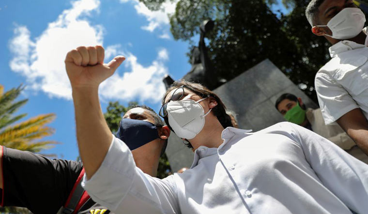 Lawmaker Freddy Guevara, who sought asylum in the Chilean diplomatic residence in Caracas, gestures during a public gathering after being pardoned by Venezuela's president Nicolas Maduro, in Caracas, Venezuela, September 9, 2020 | Reuters