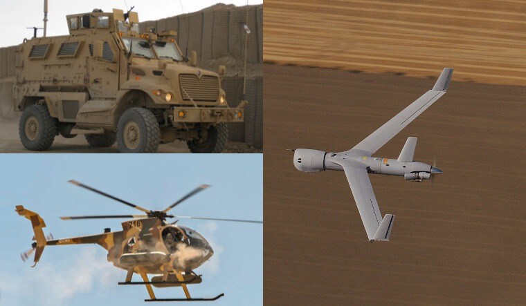A collage, clockwise, showing an MRAP (Wikipedia Commons), ScanEagle (Insitu) and MD-530 ( Wikipedia Commons)