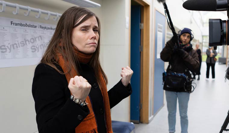 Iceland's Prime Minister Katrin Jakobsdottir speaks to the media after voting at a polling station in Reykjavik, Iceland, Saturday, Sept. 25, 2021 | AP
