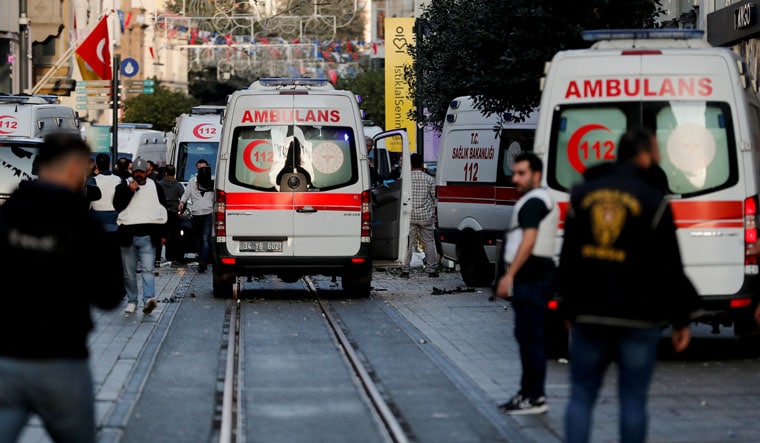 View of ambulances at the scene after an explosion on busy pedestrian Istiklal street in Istanbul, Turkey, November 13, 2022. REUTERS/Kemal Aslan