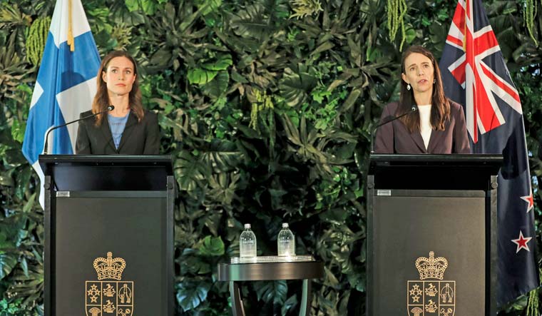 Finland's Prime Minister Sanna Marin, left, holds a joint press conference with New Zealand Prime Minister Jacinda Ardern at the Auckland Museum, in Auckland, New Zealand, Wednesday, Nov. 30, 2022 | AP