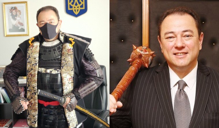 A collage showing Sergiy Korsunsky as a Samurai and posing with a club | Via Twitter