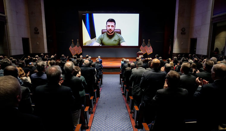 Ukrainian President Volodymyr Zelenskyy delivers a virtual address to US Congress | AP