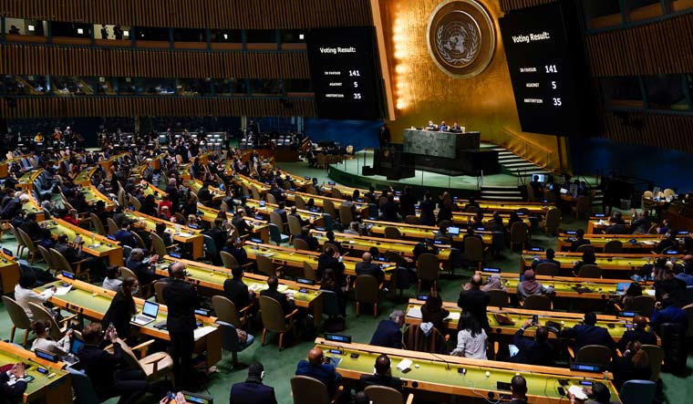 Results of a vote on a resolution concerning the Ukraine issue are displayed during an emergency meeting of the UN General Assembly | AP