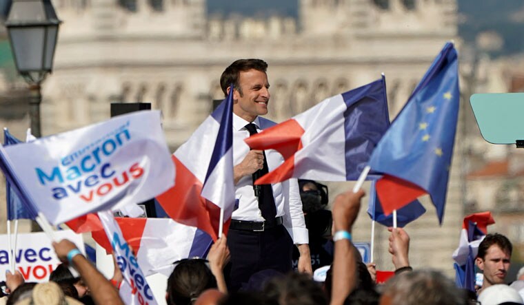 French President and centrist candidate Emmanuel Macron speaks during a campaign rally, Saturday, April 16, 2022 in Marseille, southern France | AP