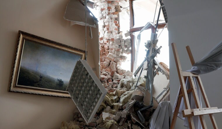  A view of a hall in the museum of Arkhip Kuindzhi, a Russian landscape artist, destroyed after shelling in an area controlled by Russian-backed separatist forces in Mariupol, eastern Ukraine, Thursday, April 28 | AP