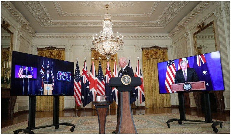 File: US President Joe Biden delivers remarks on a National Security Initiative virtually with Australian Prime Minister Scott Morrison and British Prime Minister Boris Johnson, inside the East Room at the White House in Washington, US, September 15, 2021 | Reuters