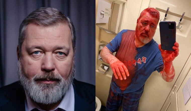 A collage showing Dmitry Muratov in 2021 (Nobel Prize committee) and in the aftermath of the attack (via Twitter)