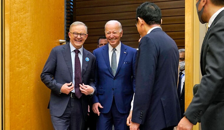 Australian Prime Minister Anthony Albanese , left, and President Joe Biden are greeted by Japanese Prime Minister Fumio Kishida during their arrival to the Quad leaders summit at Kantei Palace, Tuesday, May 24, 2022 | AP