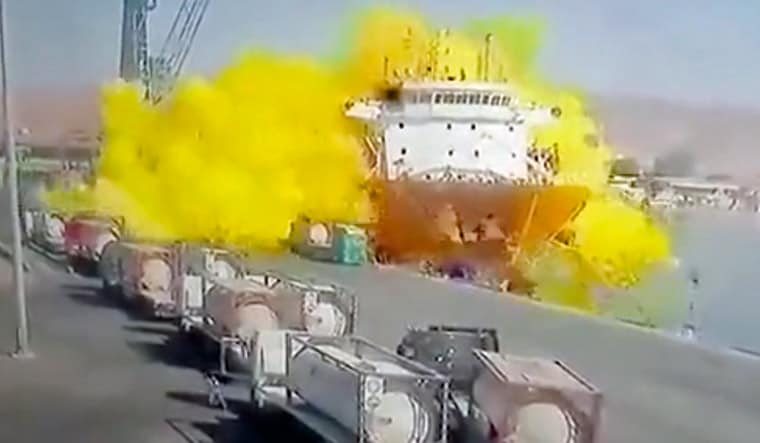 This photo taken from CCTV video broadcasted by Al-Mamlaka TV shows a chlorine gas explosion after it fell off a crane in the port of Aqaba, Jordan, Monday, June 27, 2022 | AP