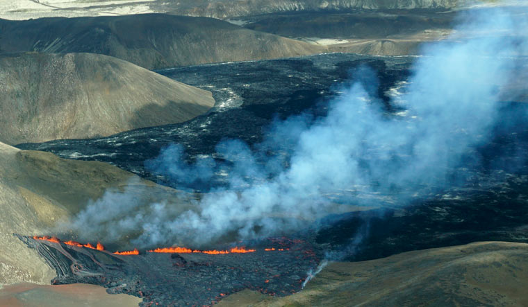 An aerial shot of activity from the Fagradalsfjall volcano in Iceland | AP