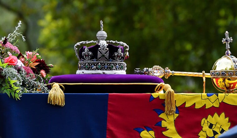 The coffin of Queen Elizabeth II with the Imperial State Crown resting on top | AP