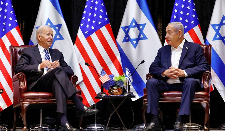 U.S. President Joe Biden meets with Israeli Prime Minister Benjamin Netanyahu and the Israeli war cabinet, as he visits Israel amid the ongoing conflict between Israel and Hamas, in Tel Aviv, Israel, October 18, 2023 | Reuters