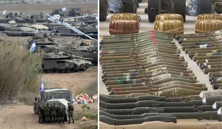 Israel Defense Forces on the border with Gaza Strip at Sderot and Be'eri. (Right) Suspected North Korean-made F-7 rocket-propelled grenades at an Israeli military base in southern Israel | Bhanu Prakash Chandra / AP