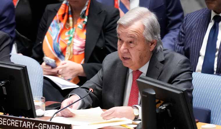 United Nations Secretary-General Antonio Guterres speaks during a Security Council meeting at United Nations headquarters | AP