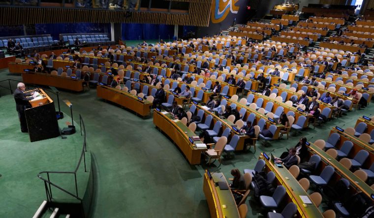Dr Riyad Mansour, Palestinian Ambassador to the United Nations, speaks during a United Nations General Assembly meeting at UN headquarters in New York City on November 28, 2023 | AFP