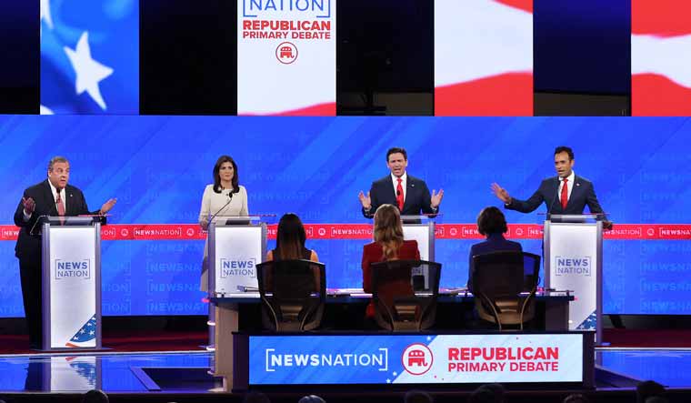 Former New Jersey Gov. Chris Christie, former U.N. Ambassador Nikki Haley, Florida Gov. Ron DeSantis and Vivek Ramaswamy participate in the Republican Presidential Primary Debate at the University of Alabama  | AFP