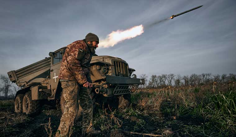 Ukrainian military's Grad multiple rocket launcher fires rockets at Russian positions in the frontline near Bakhmut, Donetsk region, Ukraine | AP