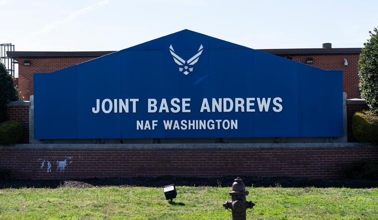 The sign for Joint Base Andrews is seen, Friday, March 26, 2021, at Andrews Air Force Base, Md | AP