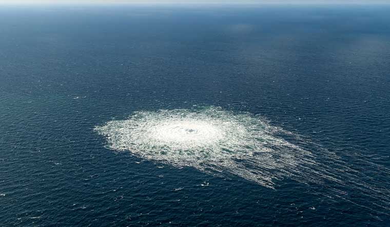 (File) Gas leak at the Nord Stream 2 gas pipeline site as it is seen from the Danish Defence's F-16, at Baltic island of Bornholm, south of Dueodde | Reuters
