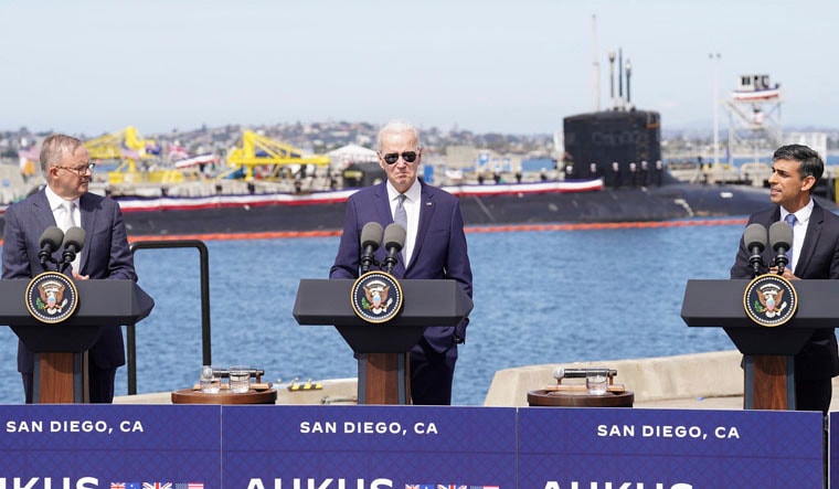 Britain's Prime Minister Rishi Sunak, right, meets with US President Joe Biden and Prime Minister of Australia Anthony Albanese, left, at Point Loma naval base in San Diego, US, Monday March 13, 2023, as part of Aukus, a trilateral security pact between Australia, the UK, and the US. AP/PTI(AP03_14_2023_000001B)