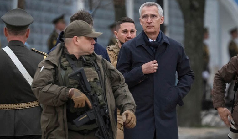 NATO Secretary-General Jens Stoltenberg visits the Wall of Remembrance to pay tribute to killed Ukrainian soldiers, amid Russia's attack on Ukraine, in Kyiv, Ukraine April 20, 2023. REUTERS/Gleb Garanich