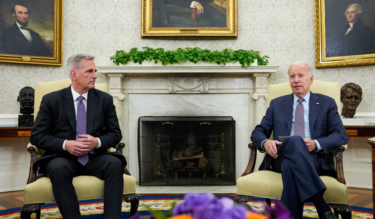 President Joe Biden meets with House Speaker Kevin McCarthy to discuss the debt limit in the Oval Office of the White House, Monday, May 22, 2023 | AP
