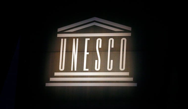 File: The logo of the United Nations Educational, Scientific and Cultural Organisation (UNESCO) is seen during the 39th session of the General Conference at the UNESCO headquarters, Oct.31 2017 in Paris | AP