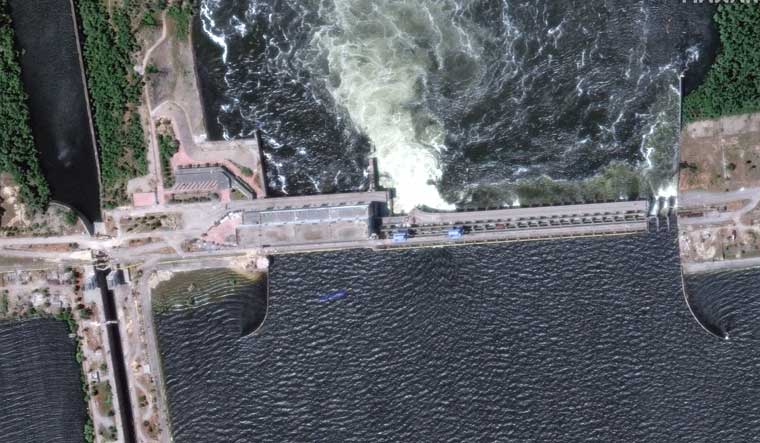 A satellite image shows a close-up view of Nova Kakhovka dam and hydroelectric power facility in Ukraine | Reuters