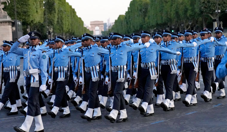 Indian soldiers march on the Champs Elysees avenue during a rehearsal for the Bastille Day parade in Paris, France, Monday, July 10, 2023 | PTI