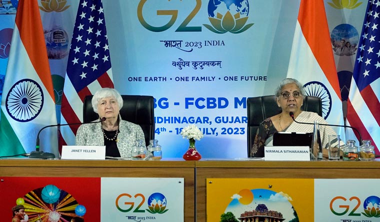 U.S Treasury Secretary Janet Yellen, left and Finance Minister of India Nirmala Sitharaman address media during G-20's third Finance Ministers and Central Bank Governors (FMCBGs) meeting in Gandhinagar, India, Monday, July 17, 2023 | AP
