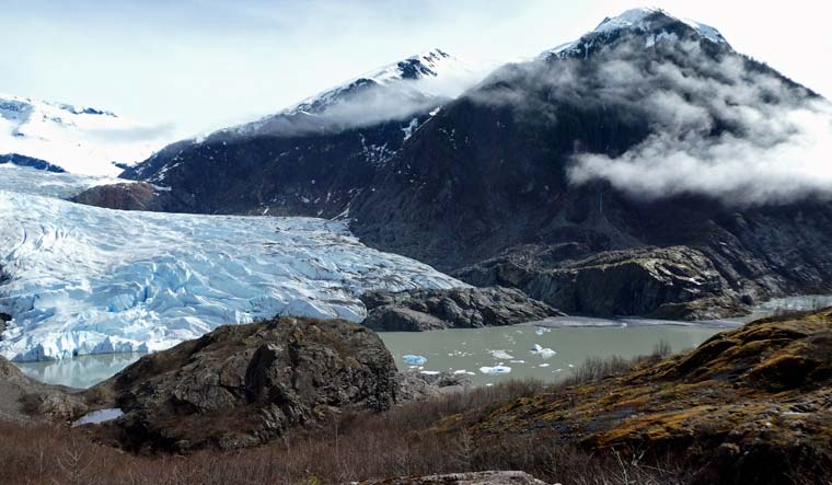 Chunks of ice float in Mendenhall Lake in front of the Mendenhall Glacier on April 29, 2023, in Juneau, Alaska. An Alaska man inadvertently filmed his own drowning on the glacial lake with a GoPro camera mounted on his helmet, but authorities who recovered the camera have not yet found his body, officials said Tuesday, July 18, 2023 | AP