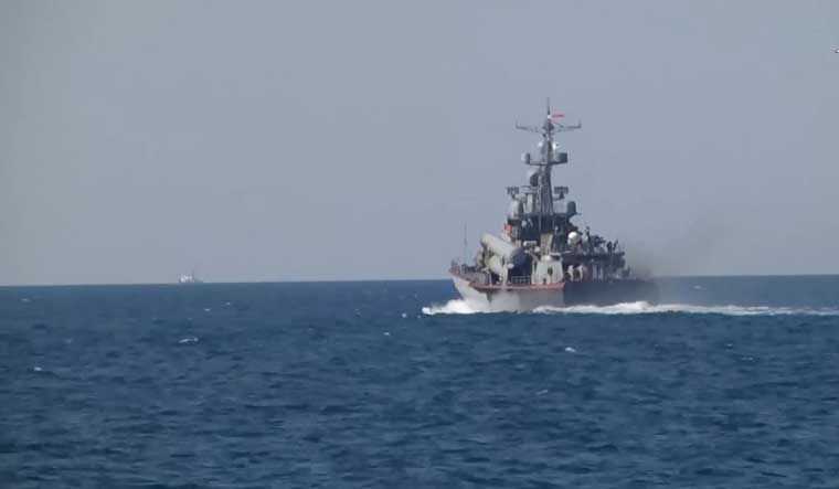 A still image from a video, released by Russia's Defence Ministry, shows what it said to be the guided missile ship Ivanovets during drills in the Black Sea | Reuters